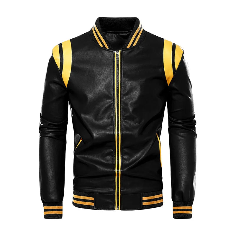 Men's PU Leather Baseball Jacket  Motorcycle Fleece Leather Coats Fashion Color Matching Loose Outwear Male