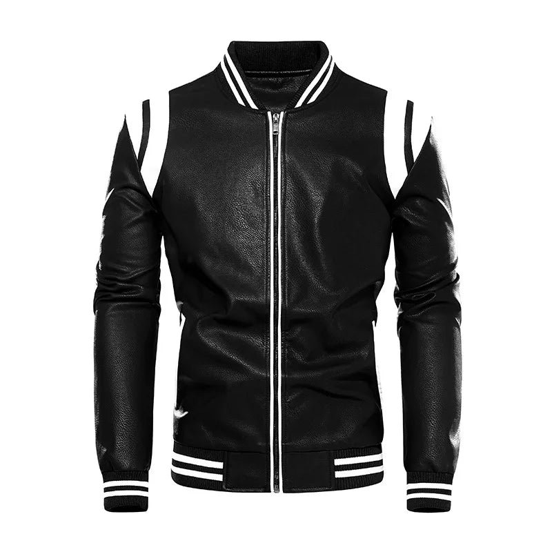 Men's PU Leather Baseball Jacket  Motorcycle Fleece Leather Coats Fashion Color Matching Loose Outwear Male