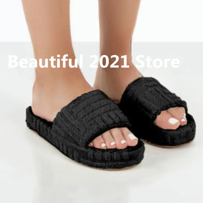 2024 Women New Luxury Brand One-Word Thick-Soled Warm Furry Women's Shoes Embossed Cotton Drag Outdoor All-Match Casual Slippers