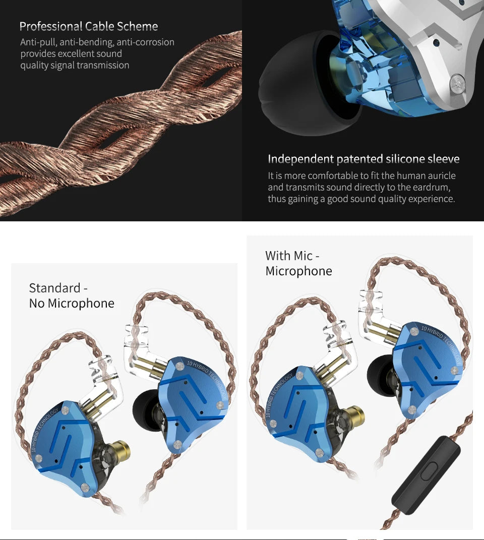 KZ ZS10 Pro 4BA 1DD Hybrid In Ear Metal Earphones10 Drivers HIFI Bass Earbuds Monitor Sport Noise Cancelling Headset ZSX ZAX Z3