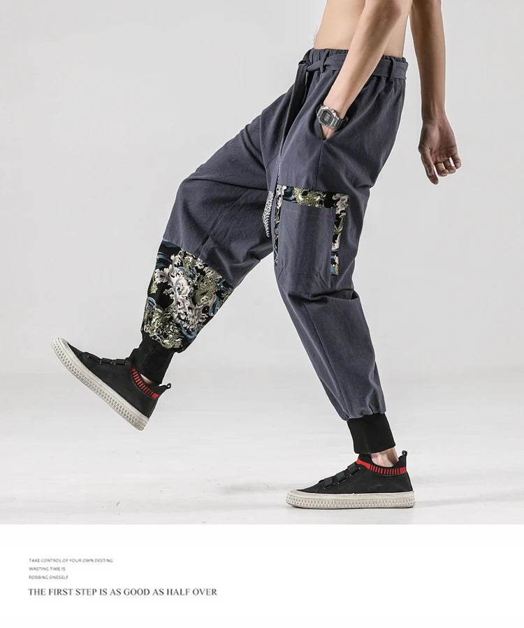 2024 Autumn Men Linen Harem Pants Mens Vintage Chinese Style Cotton Trousers Man Streetwear Pants Male Print Cross Crotch Pants