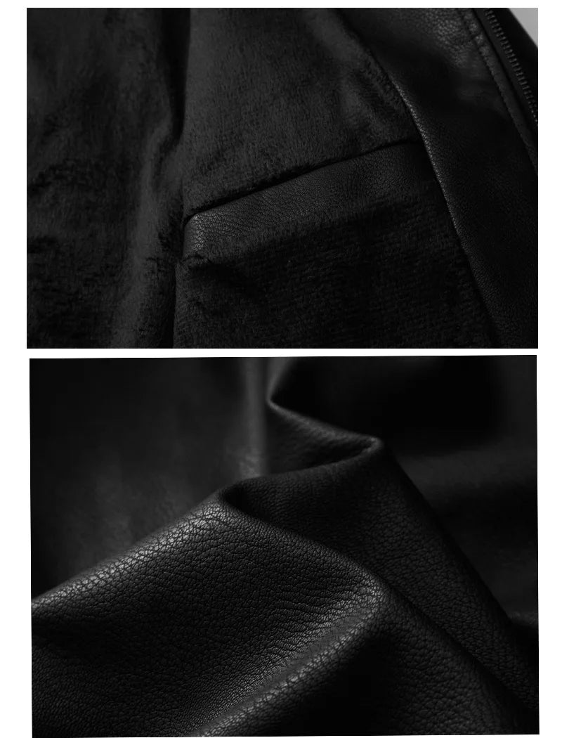 Men's PU Leather Baseball Jacket  Motorcycle Fleece Leather Coats Fashion Color Matching Loose Outwear Male