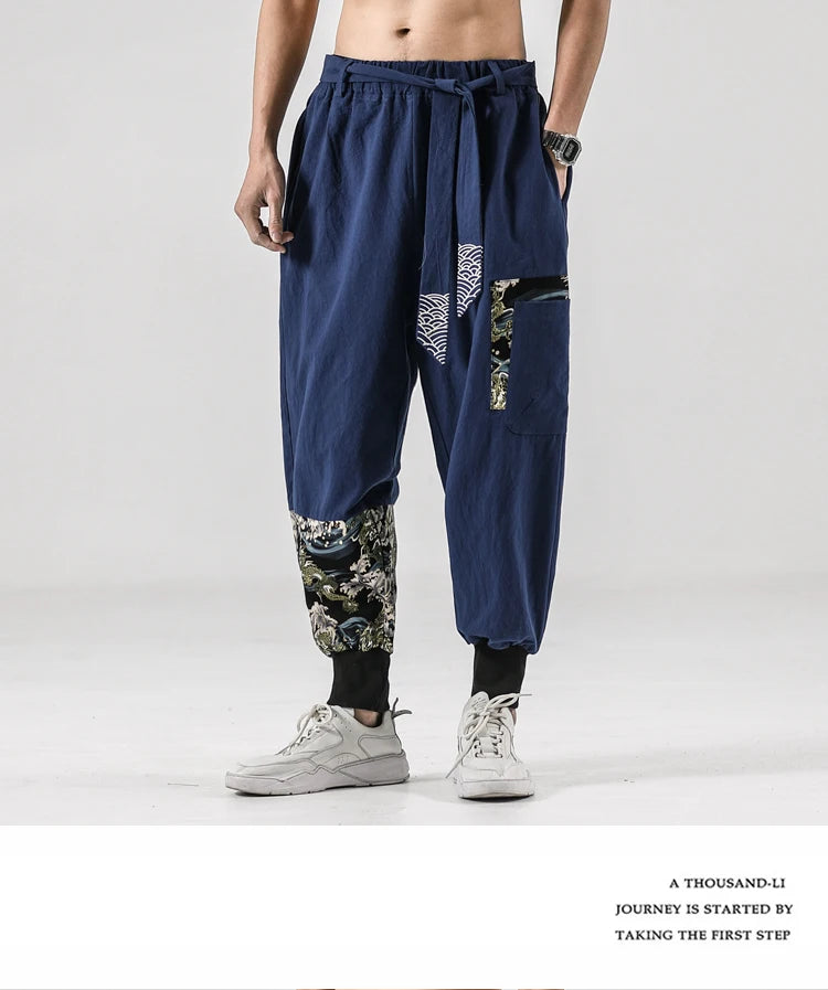 2024 Autumn Men Linen Harem Pants Mens Vintage Chinese Style Cotton Trousers Man Streetwear Pants Male Print Cross Crotch Pants