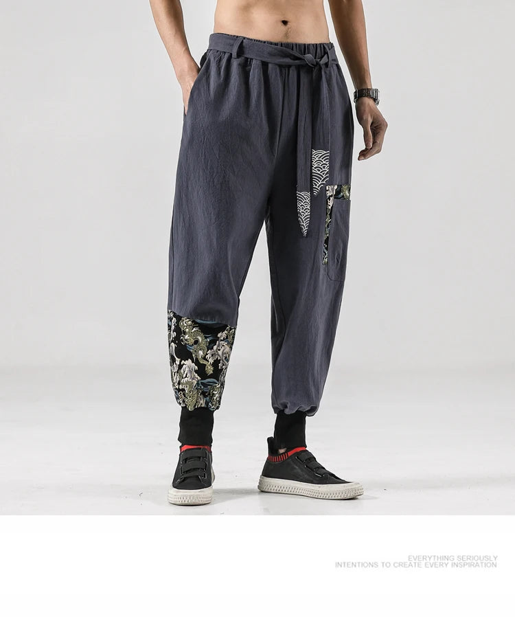 2024 Autumn Men Linen Harem Pants Mens Vintage Chinese Style Cotton Trousers Man Streetwear Pants Male Print Cross Crotch Pants