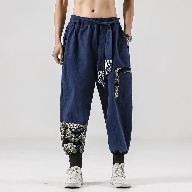 2024 Autumn Men Linen Harem Pants Mens Vintage Chinese Style Cotton Trousers Man Streetwear Pants Male Print Cross Crotch Pants