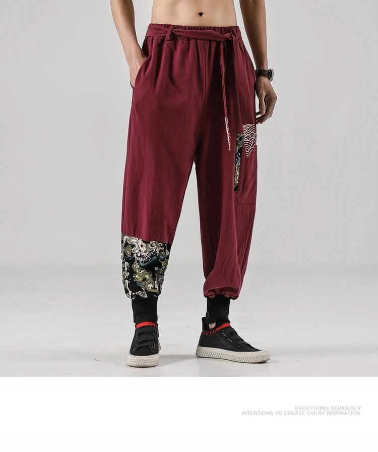 2024 Autumn Men Linen Harem Pants Mens Vintage Chinese Style Cotton Trousers Man Streetwear Pants Male Print Cross Crotch Pants