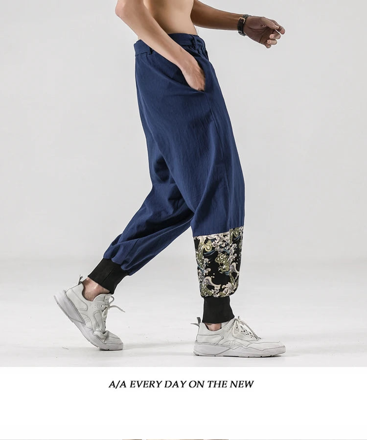 2024 Autumn Men Linen Harem Pants Mens Vintage Chinese Style Cotton Trousers Man Streetwear Pants Male Print Cross Crotch Pants