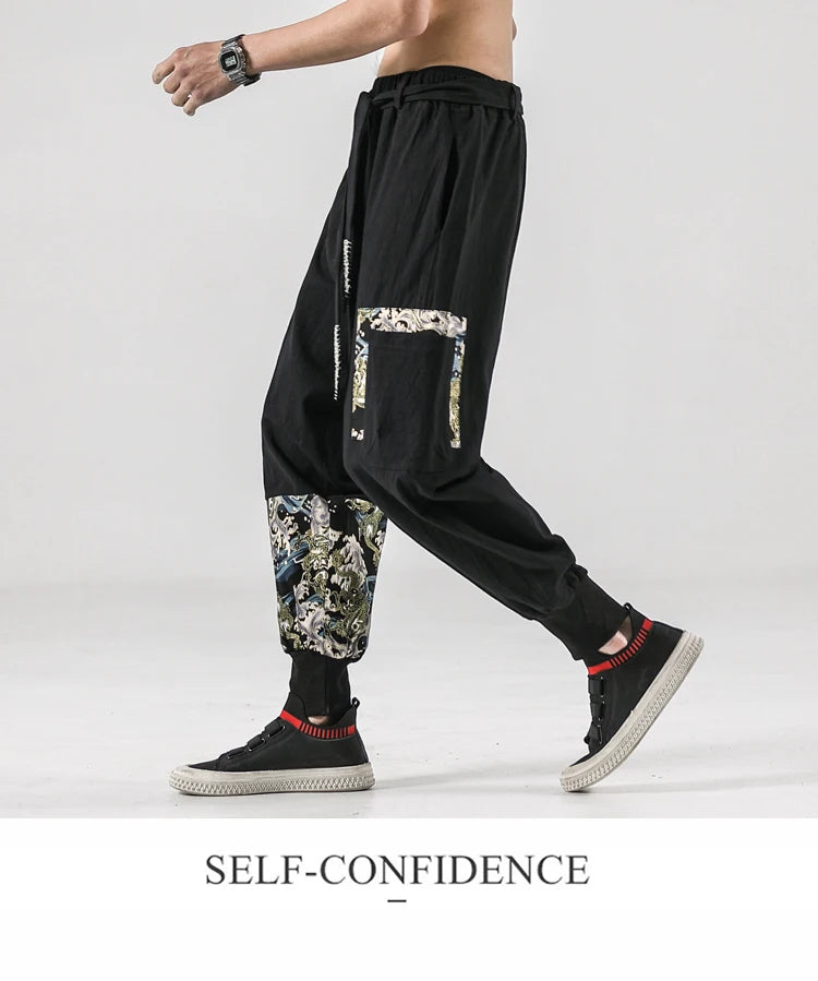 2024 Autumn Men Linen Harem Pants Mens Vintage Chinese Style Cotton Trousers Man Streetwear Pants Male Print Cross Crotch Pants