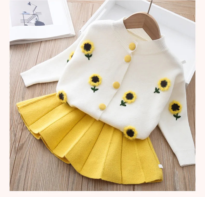 2 3 4 5 6 Years Cute Spring Autumn Girls Clothing Set Cartoon Grape Sweater Coat And Skirt 2Pcs Knitting Suit For Kids