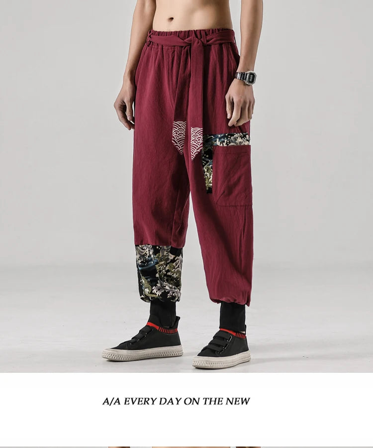 2024 Autumn Men Linen Harem Pants Mens Vintage Chinese Style Cotton Trousers Man Streetwear Pants Male Print Cross Crotch Pants