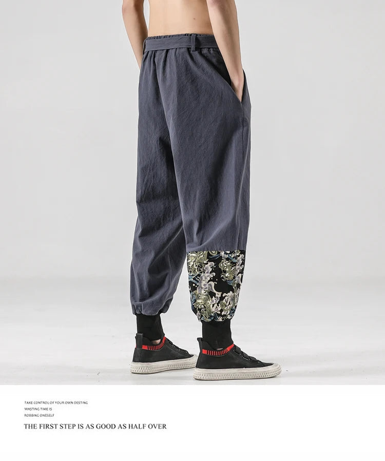 2024 Autumn Men Linen Harem Pants Mens Vintage Chinese Style Cotton Trousers Man Streetwear Pants Male Print Cross Crotch Pants