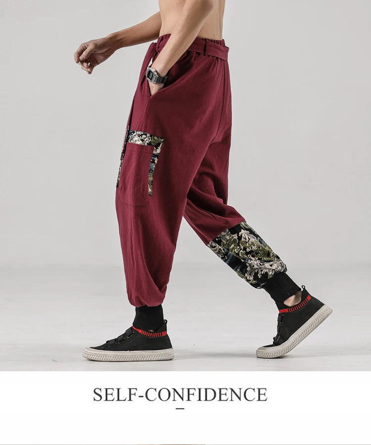 2024 Autumn Men Linen Harem Pants Mens Vintage Chinese Style Cotton Trousers Man Streetwear Pants Male Print Cross Crotch Pants