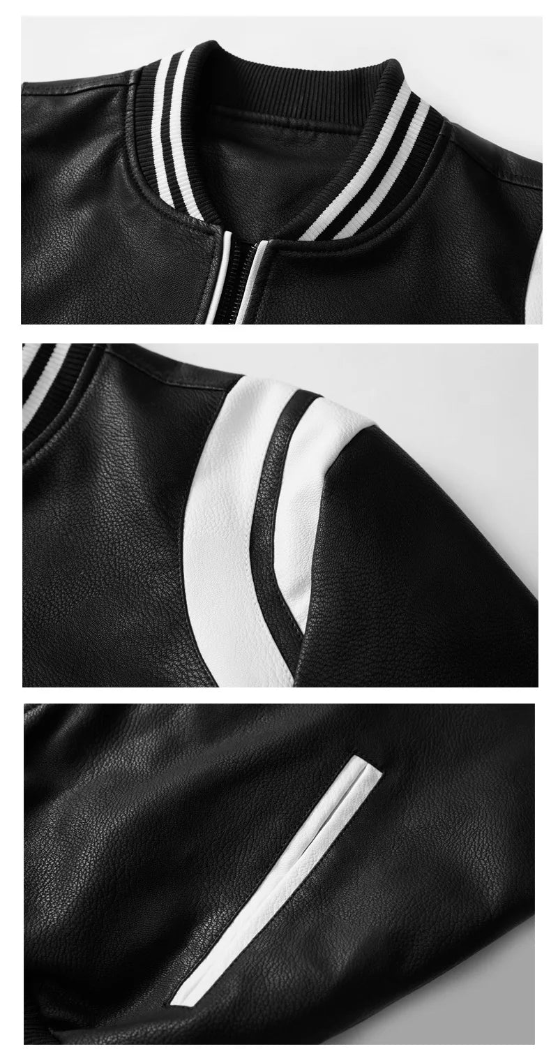 Men's PU Leather Baseball Jacket  Motorcycle Fleece Leather Coats Fashion Color Matching Loose Outwear Male