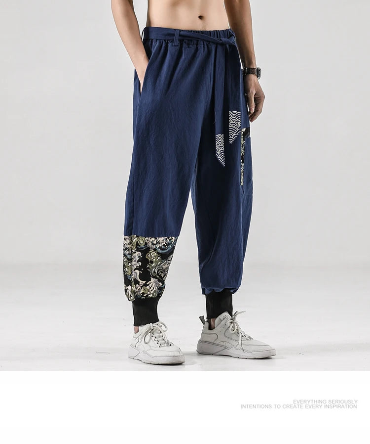 2024 Autumn Men Linen Harem Pants Mens Vintage Chinese Style Cotton Trousers Man Streetwear Pants Male Print Cross Crotch Pants