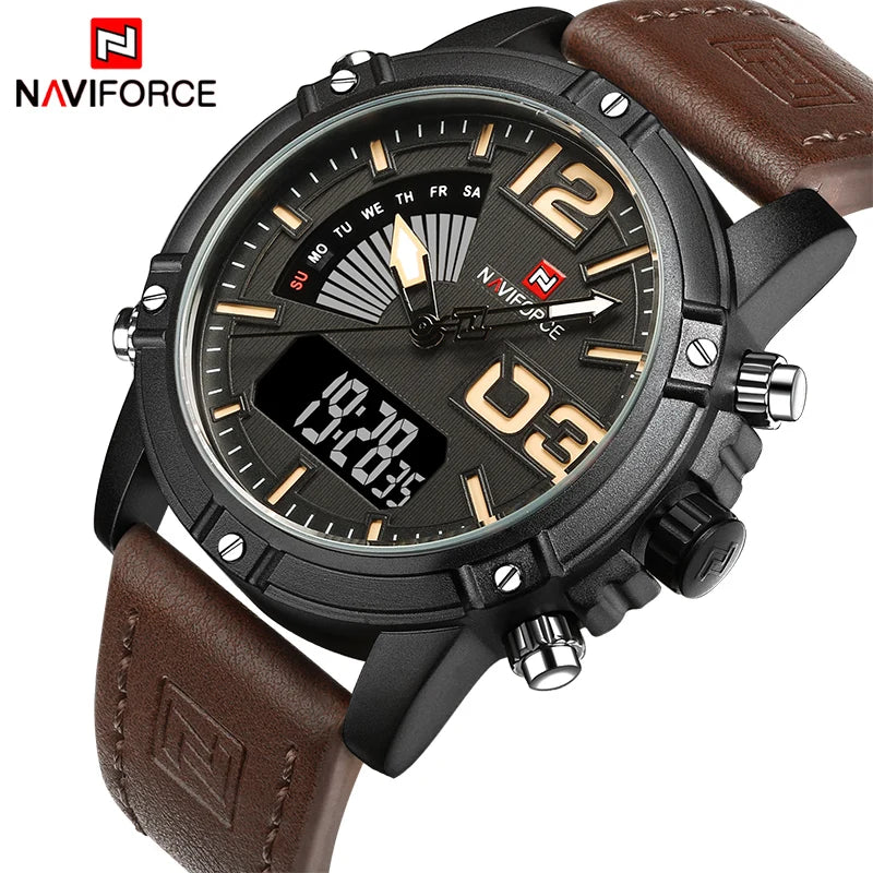 NAVIFORCE Luxury Brand Men's Sport Watches Men Dual Display LED Digital Waterproof Leather Strap Quartz Military Watch Man Clock