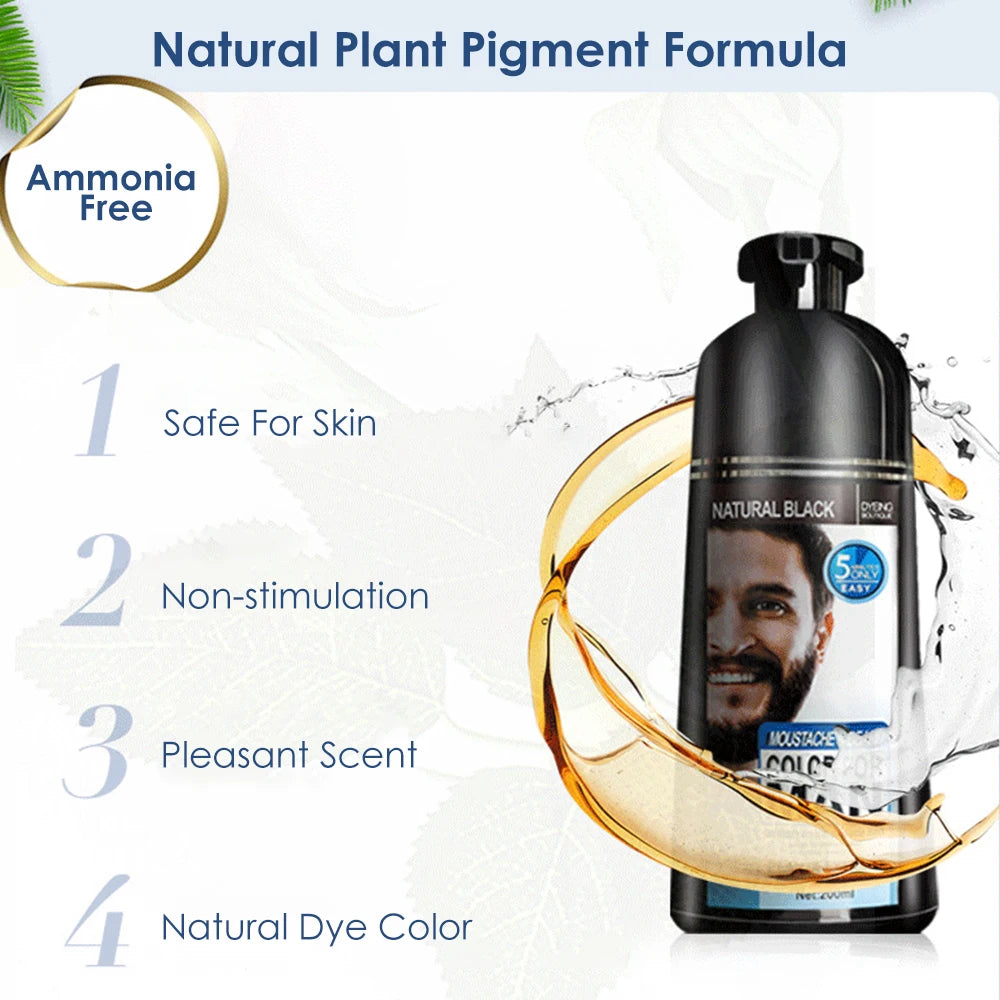 200ml Natural Long Lasting Permanent Black Beard Dye Shampoo For Men Beard Dying Removal White Gray Beard Hair