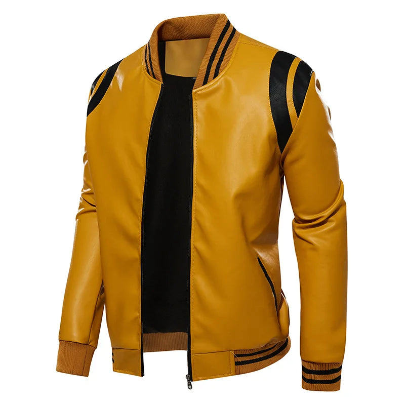 Men's PU Leather Baseball Jacket  Motorcycle Fleece Leather Coats Fashion Color Matching Loose Outwear Male