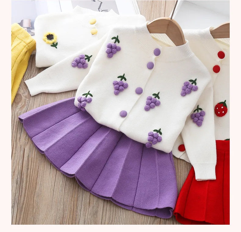 2 3 4 5 6 Years Cute Spring Autumn Girls Clothing Set Cartoon Grape Sweater Coat And Skirt 2Pcs Knitting Suit For Kids