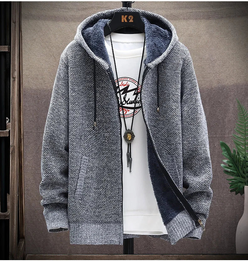 Autumn Winter Men's Sweaters Hooded Knit Cardigan Korean Sweaters Jacket Fleece Lined Hoodies Windbreaker Coat