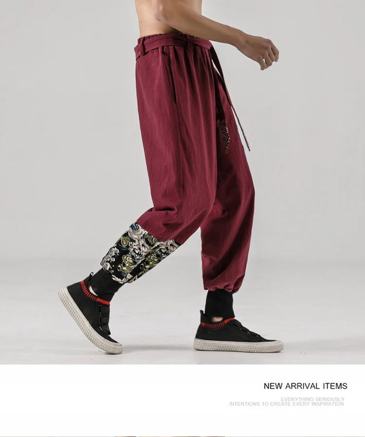 2024 Autumn Men Linen Harem Pants Mens Vintage Chinese Style Cotton Trousers Man Streetwear Pants Male Print Cross Crotch Pants