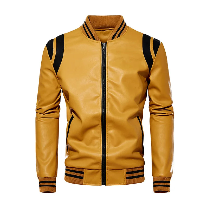 Men's PU Leather Baseball Jacket  Motorcycle Fleece Leather Coats Fashion Color Matching Loose Outwear Male