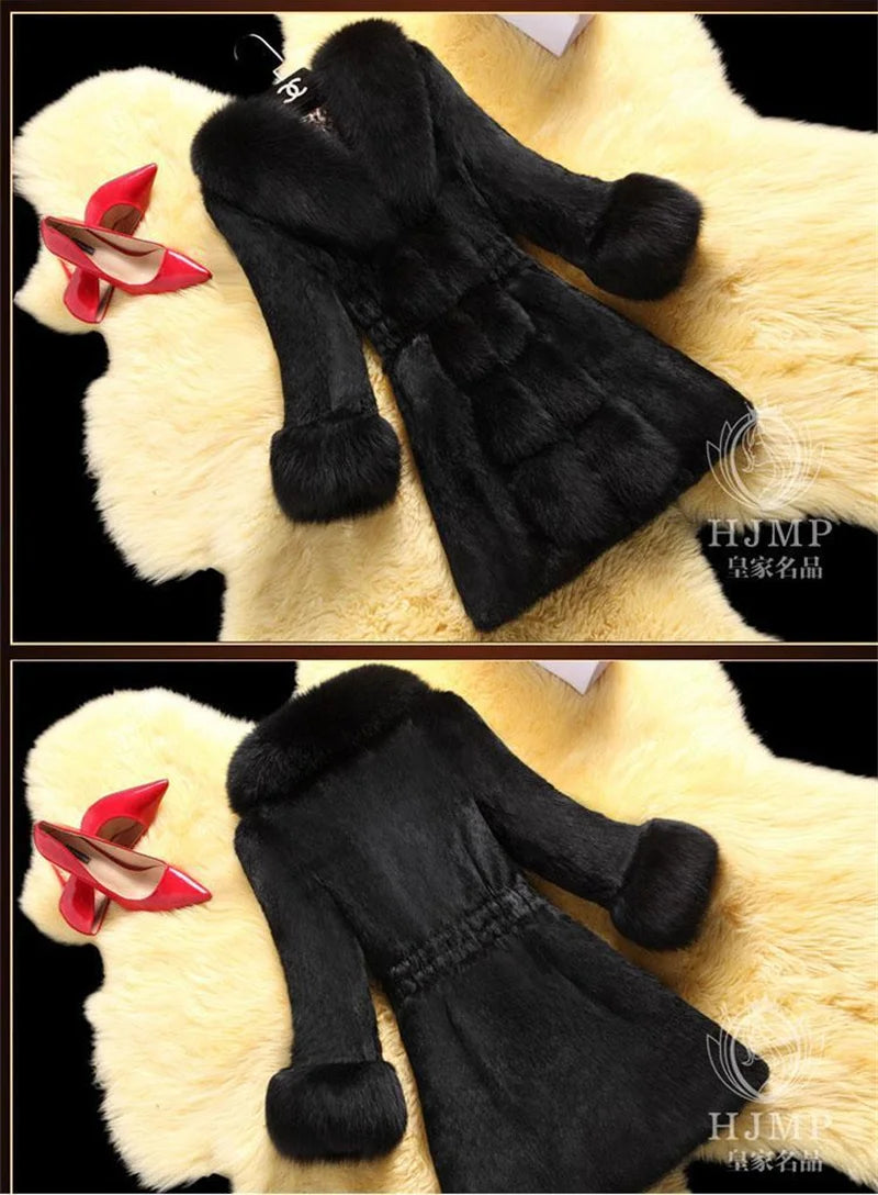 Vintage 2026 New Autumn Winter Female Mid-Long Fleece Overcoat Faux Fur Fox Fur Collar Mink Fur Coat Thicken Elegant 408