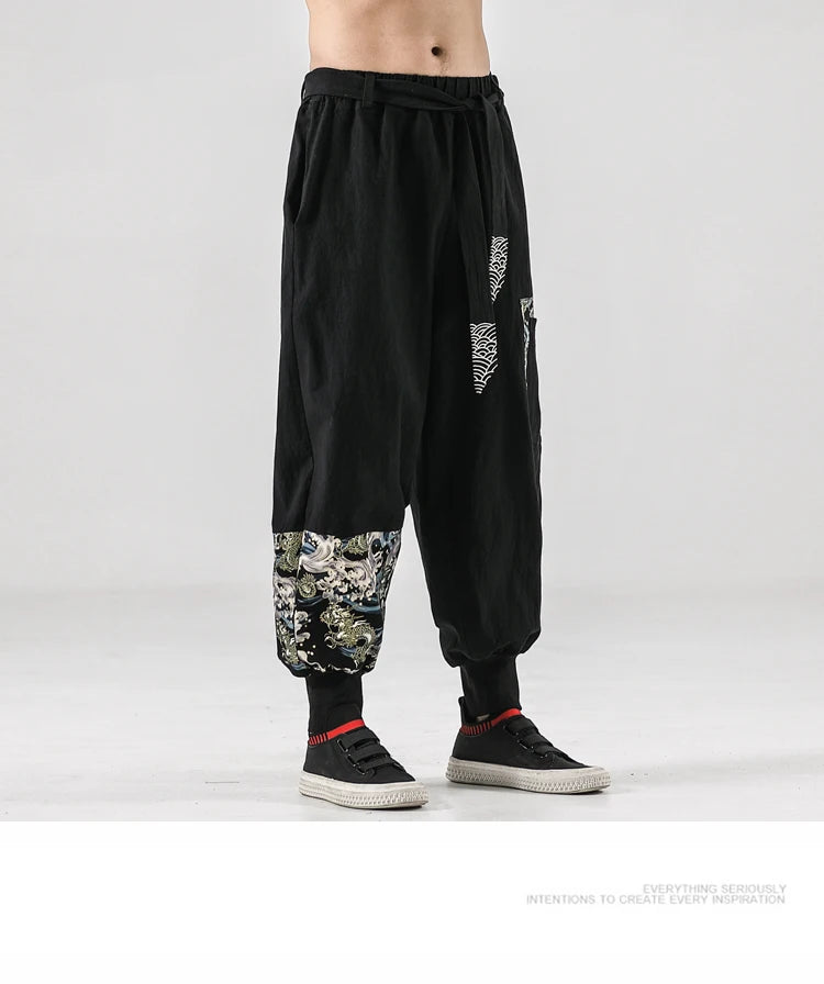 2024 Autumn Men Linen Harem Pants Mens Vintage Chinese Style Cotton Trousers Man Streetwear Pants Male Print Cross Crotch Pants