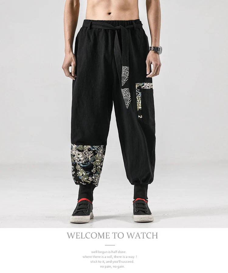 2024 Autumn Men Linen Harem Pants Mens Vintage Chinese Style Cotton Trousers Man Streetwear Pants Male Print Cross Crotch Pants