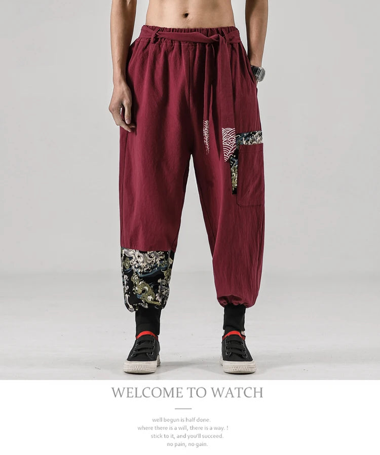 2024 Autumn Men Linen Harem Pants Mens Vintage Chinese Style Cotton Trousers Man Streetwear Pants Male Print Cross Crotch Pants