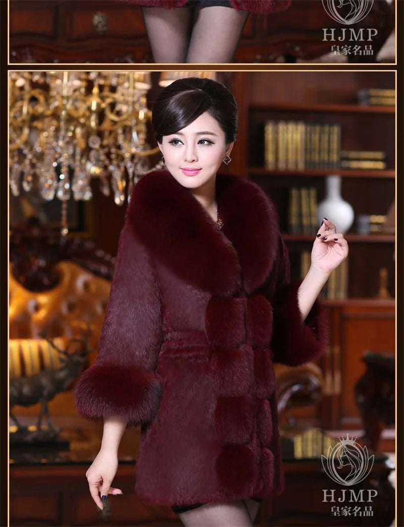 Vintage 2026 New Autumn Winter Female Mid-Long Fleece Overcoat Faux Fur Fox Fur Collar Mink Fur Coat Thicken Elegant 408