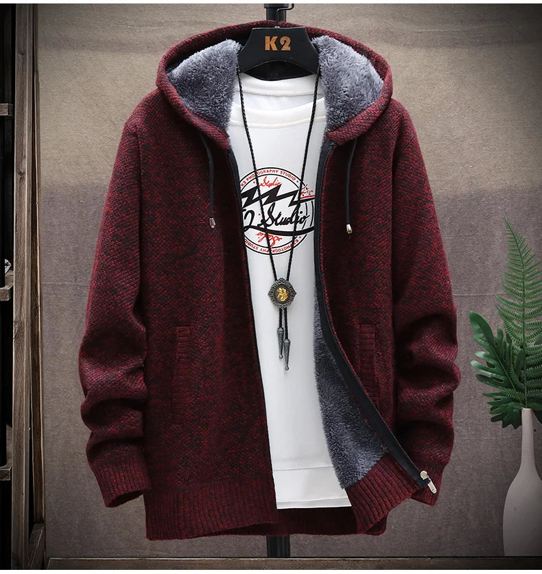 Autumn Winter Men's Sweaters Hooded Knit Cardigan Korean Sweaters Jacket Fleece Lined Hoodies Windbreaker Coat