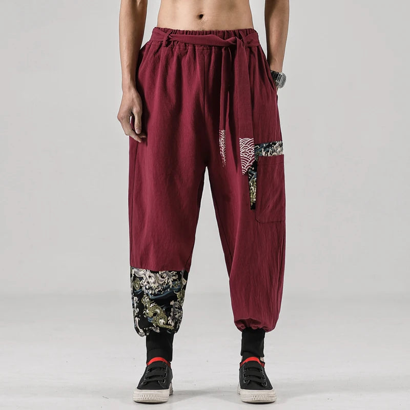 2024 Autumn Men Linen Harem Pants Mens Vintage Chinese Style Cotton Trousers Man Streetwear Pants Male Print Cross Crotch Pants