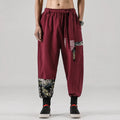 2024 Autumn Men Linen Harem Pants Mens Vintage Chinese Style Cotton Trousers Man Streetwear Pants Male Print Cross Crotch Pants