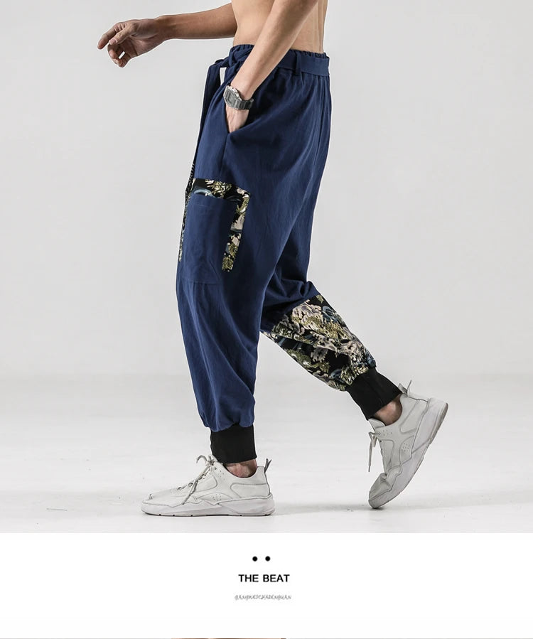 2024 Autumn Men Linen Harem Pants Mens Vintage Chinese Style Cotton Trousers Man Streetwear Pants Male Print Cross Crotch Pants