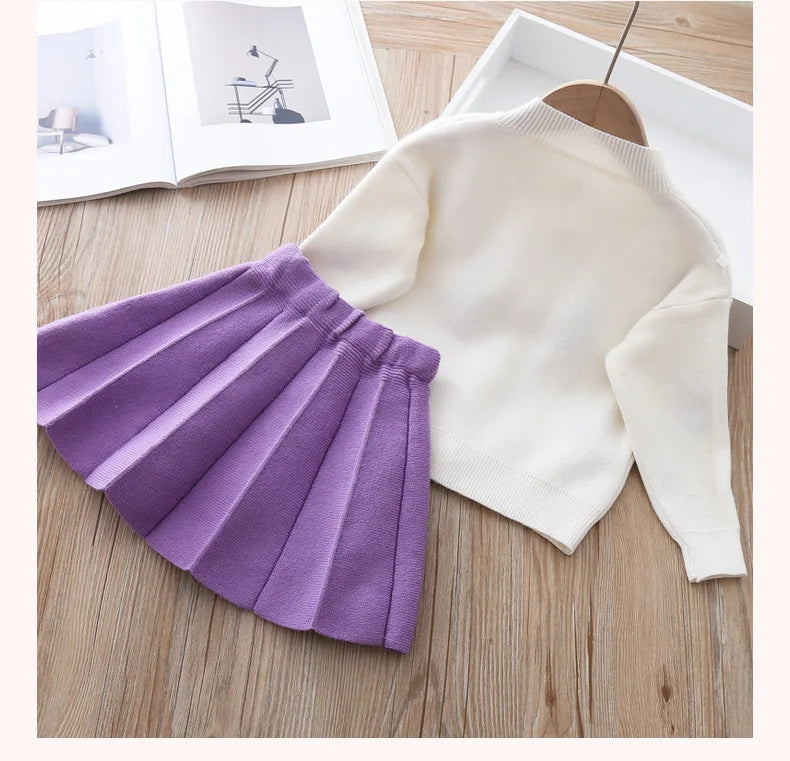 2 3 4 5 6 Years Cute Spring Autumn Girls Clothing Set Cartoon Grape Sweater Coat And Skirt 2Pcs Knitting Suit For Kids