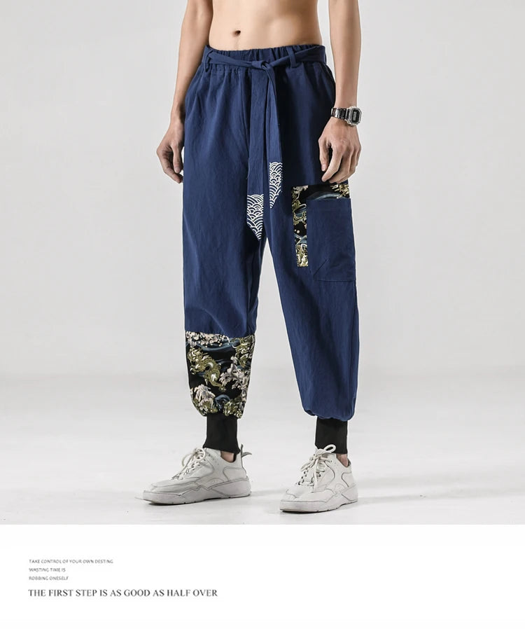 2024 Autumn Men Linen Harem Pants Mens Vintage Chinese Style Cotton Trousers Man Streetwear Pants Male Print Cross Crotch Pants
