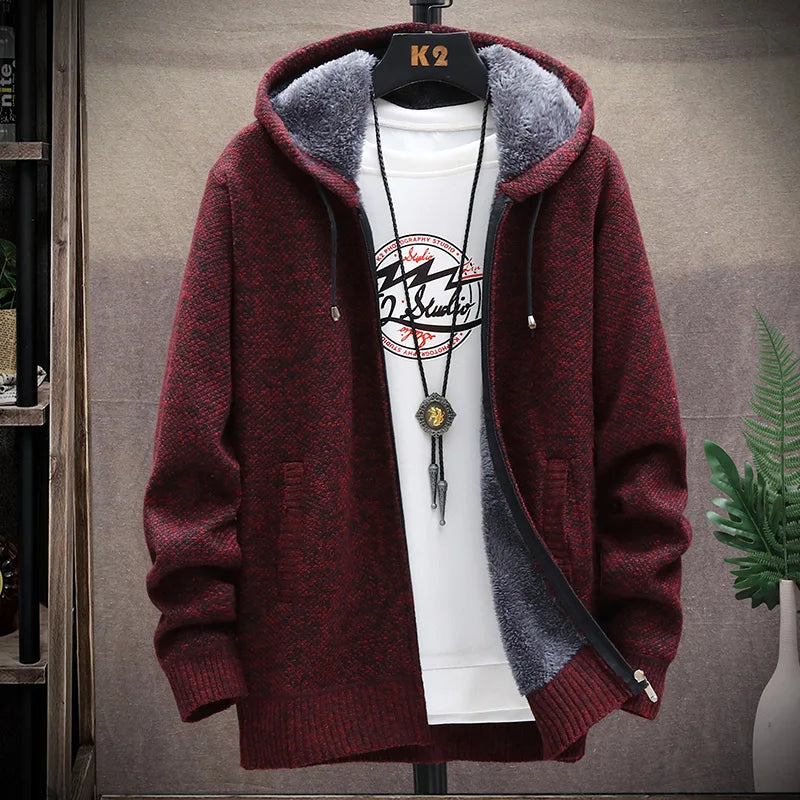 Autumn Winter Men's Sweaters Hooded Knit Cardigan Korean Sweaters Jacket Fleece Lined Hoodies Windbreaker Coat