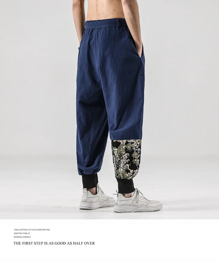 2024 Autumn Men Linen Harem Pants Mens Vintage Chinese Style Cotton Trousers Man Streetwear Pants Male Print Cross Crotch Pants