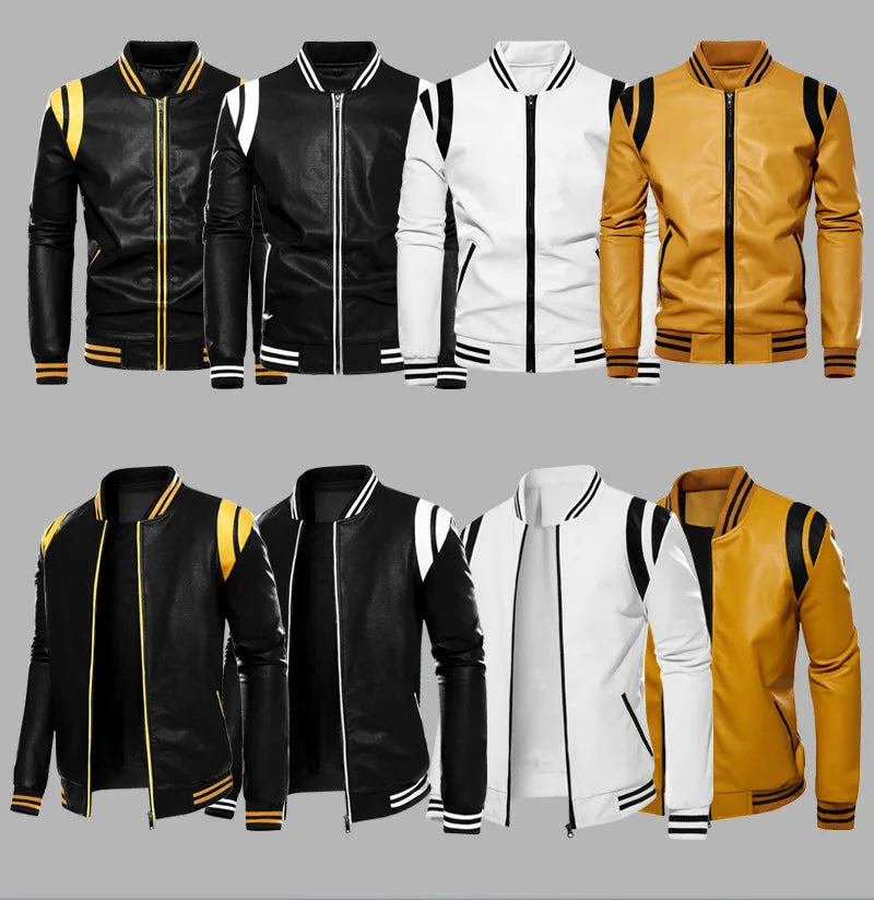 Men's PU Leather Baseball Jacket  Motorcycle Fleece Leather Coats Fashion Color Matching Loose Outwear Male