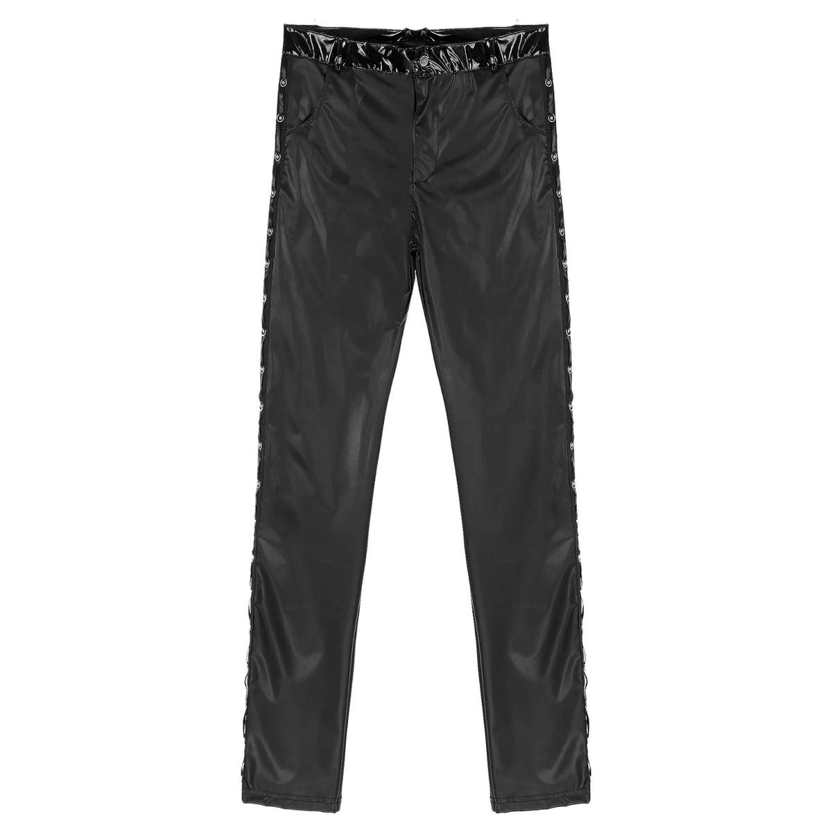 Men Latex Leather Pants Low Waist Faux Leather Shiny Pants Fashion Tight Trousers for Club Stage Show Rock Band Performance