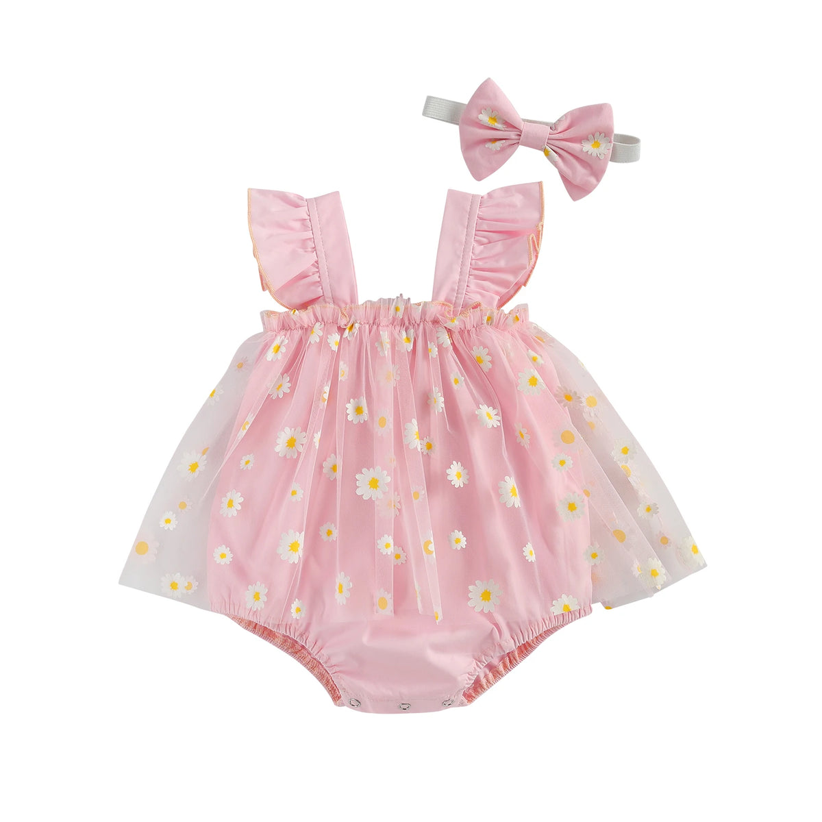 VISgogo Toddler Baby Girls Romper Dress Daisy Print Fly Sleeve Mesh Bodysuit Bow Headband Set Cute Fashion Baby Summer Clothing
