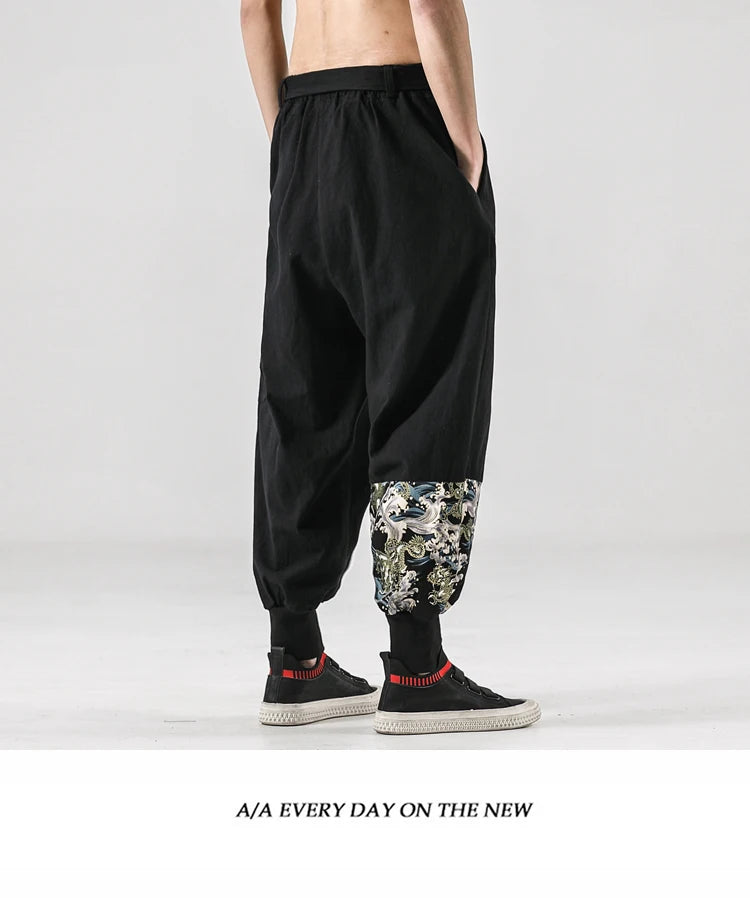 2024 Autumn Men Linen Harem Pants Mens Vintage Chinese Style Cotton Trousers Man Streetwear Pants Male Print Cross Crotch Pants