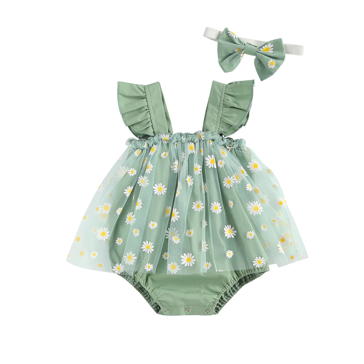 VISgogo Toddler Baby Girls Romper Dress Daisy Print Fly Sleeve Mesh Bodysuit Bow Headband Set Cute Fashion Baby Summer Clothing