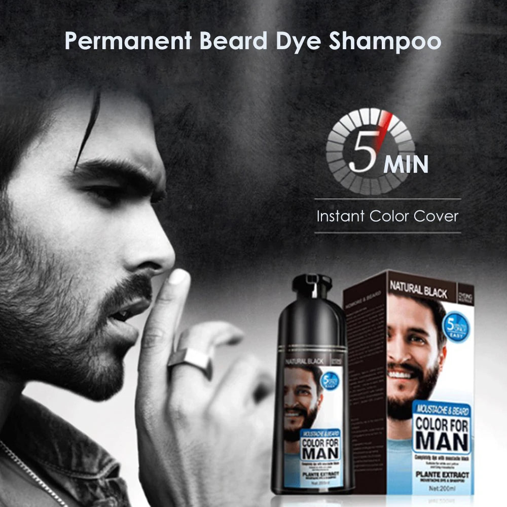 200ml Natural Long Lasting Permanent Black Beard Dye Shampoo For Men Beard Dying Removal White Gray Beard Hair