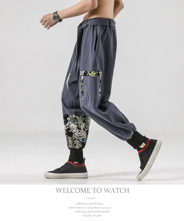 2024 Autumn Men Linen Harem Pants Mens Vintage Chinese Style Cotton Trousers Man Streetwear Pants Male Print Cross Crotch Pants