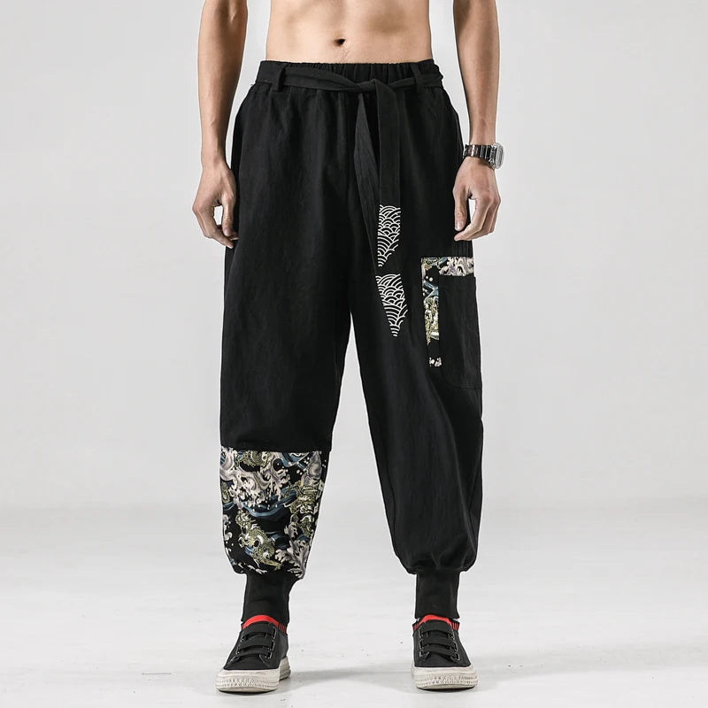 2024 Autumn Men Linen Harem Pants Mens Vintage Chinese Style Cotton Trousers Man Streetwear Pants Male Print Cross Crotch Pants