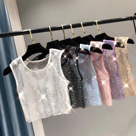 Summer new net diamond crystal I-shaped vest AB colored diamond short version party bling shiny exposed waist top