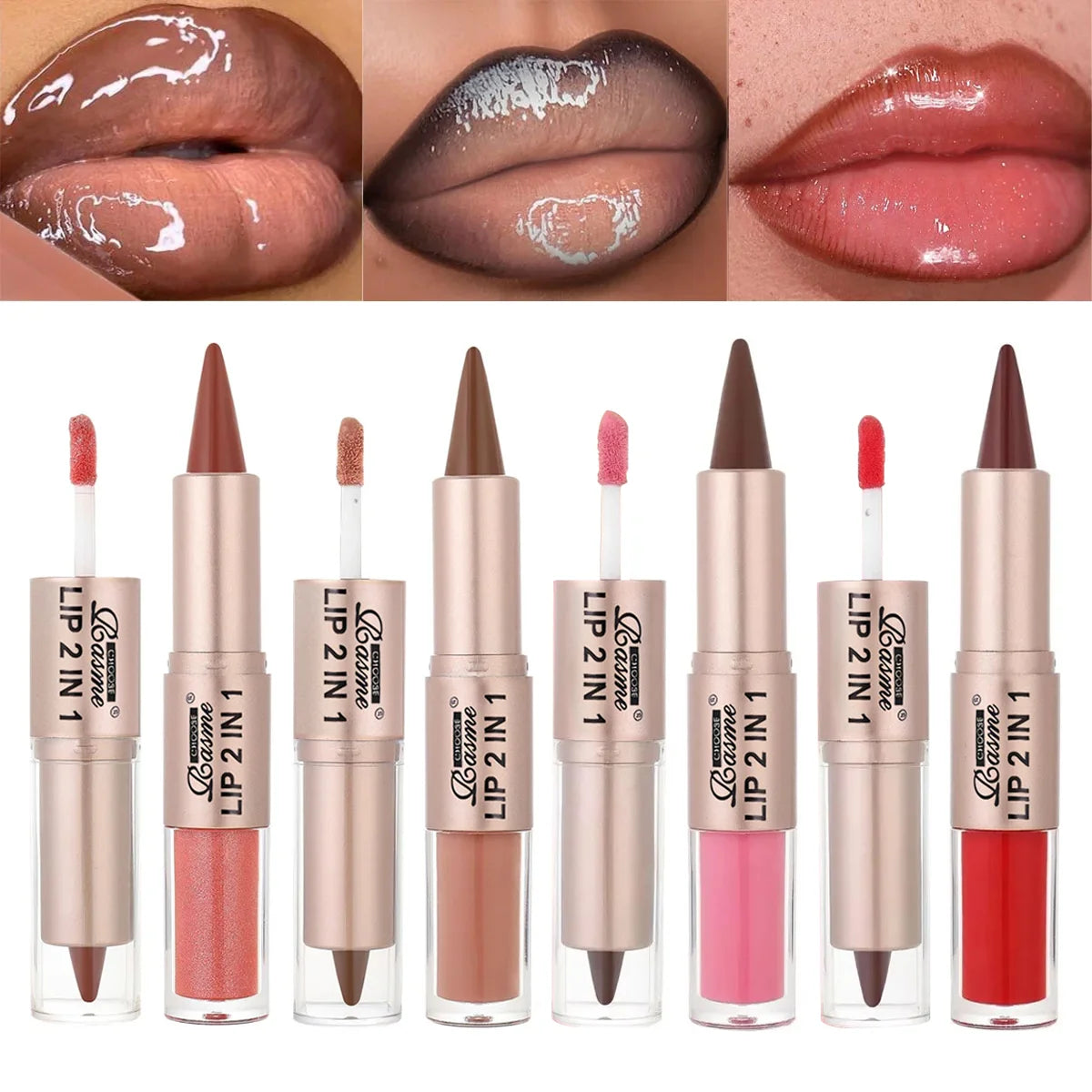 2 in 1 Dual End Matte Lip Liner Pencil & Shiny Mirror Lip Gloss Waterproof Long Lasting Lip Cosmetics for Smooth Application