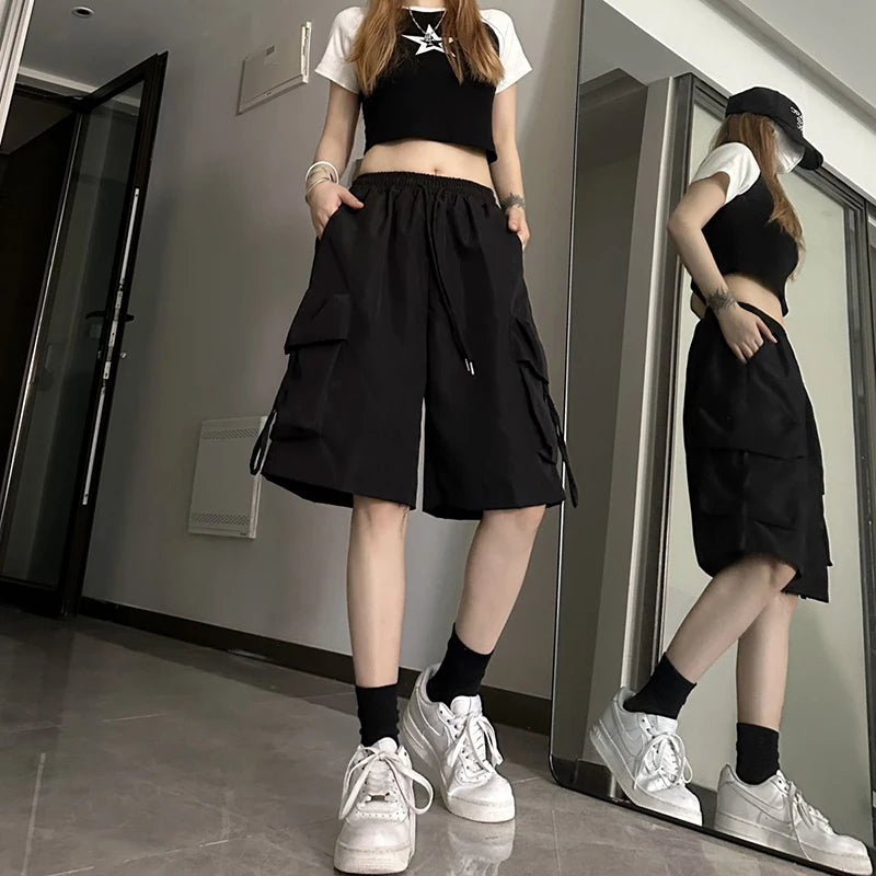 URBANCREW High-Waist Cargo Shorts — Loose Streetwear Fit