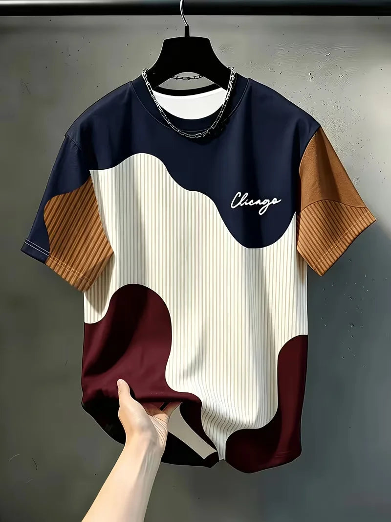 Men'S Casual Round Neck T-Shirt, Geometric Pattern Patchwork Striped Design, "Chicago" Word Pattern Top